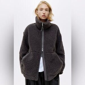 H&M Charcoal Loose-Fit Teddy Fleece Jacket